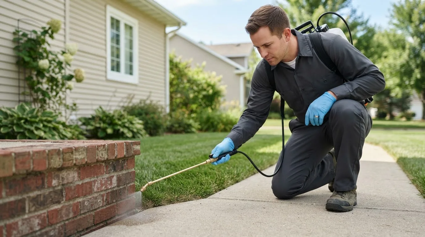 Pest control technician treating a home near Limerick, ME